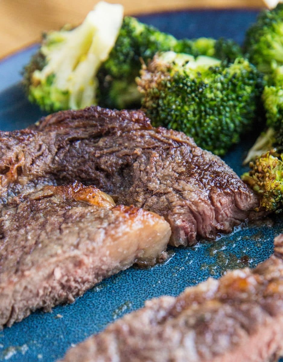 Close up shot of steak cut into