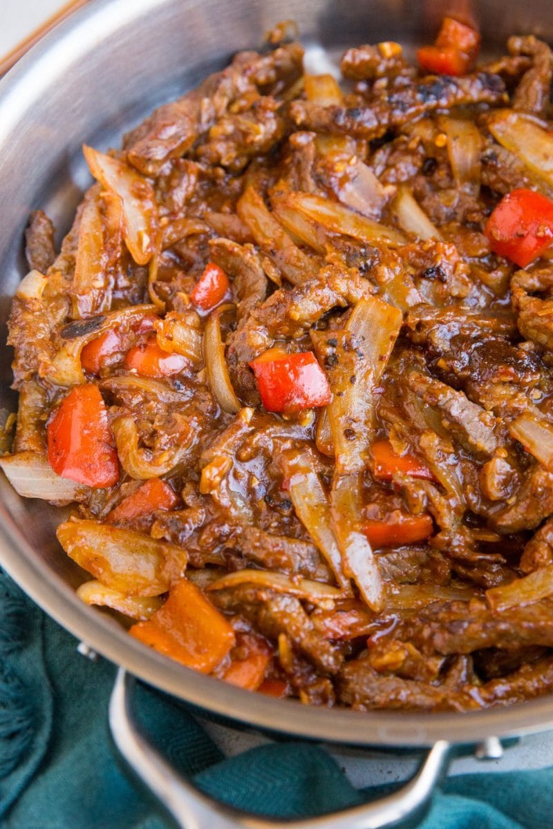 Skillet with Beijing Beef and onion and bell pepper
