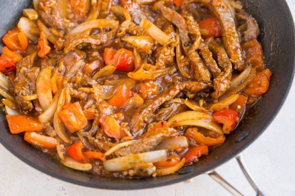 Skillet of finished Beijing Beef