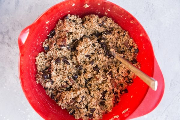 Granola bar mixture in a mixing bowl