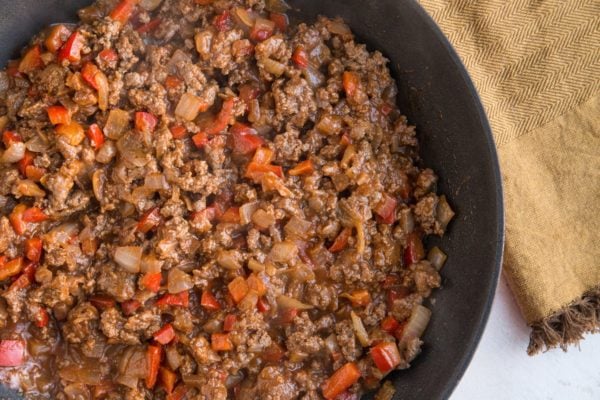 Sloppy Joe meat mixture in a skillet