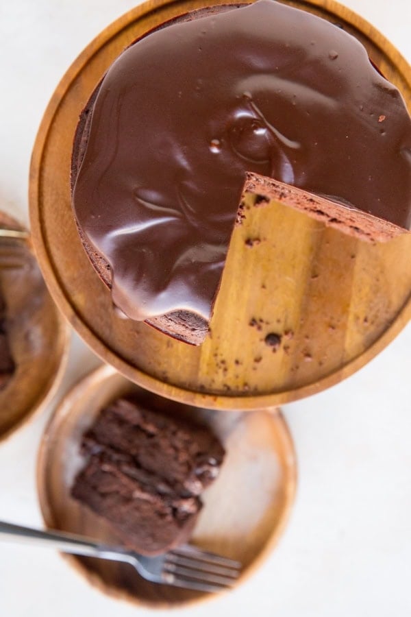 Keto Brownie Cake - 2 layers of fudge brownies covered with decadent chocolate ganache for an incredibly rich dessert!