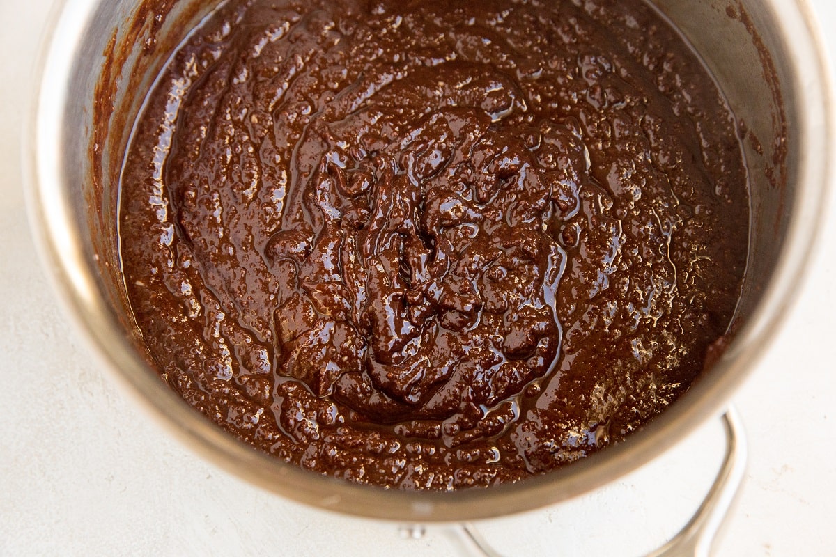 Saucepan with brownie batter mixed up