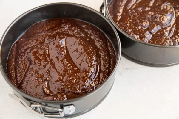 Divide the batter between the two prepared cake pans