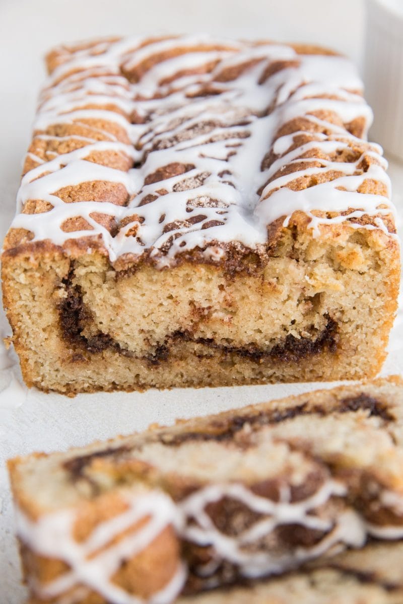 Loaf of low carb cinnamon bread with slices taken out