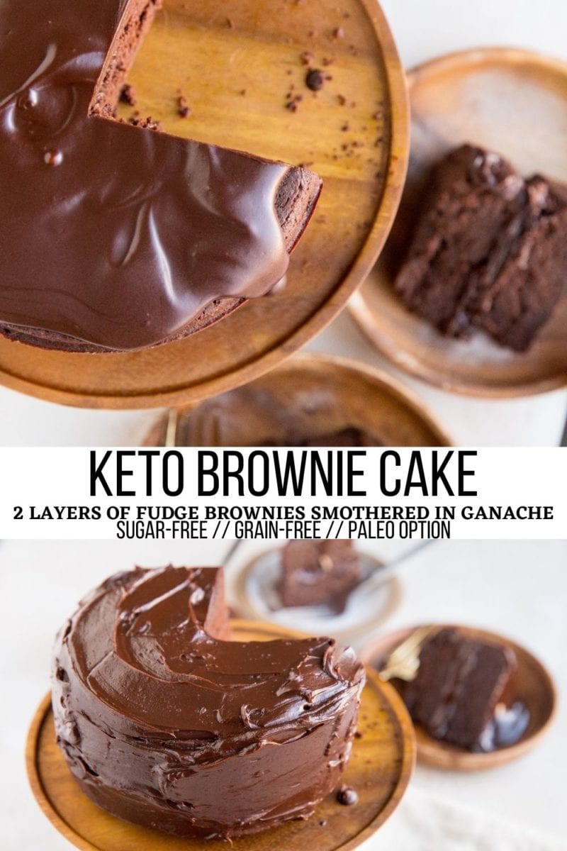 Keto Brownie Cake - 2 layers of fudge brownies covered with decadent chocolate ganache for an incredibly rich dessert!