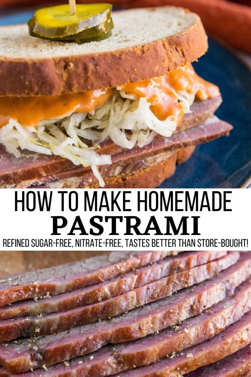 Collage for pinterest for homemade pastrami recipe