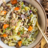 Ground Beef and Cabbage with onion, mushrooms, garlic, and bell pepper. An easy one-pot meal that comes together in 30 minutes