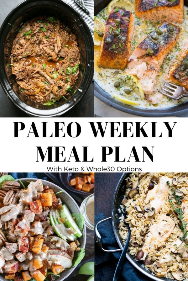 A collage of four dishes: shredded beef in a slow cooker, baked salmon fillets with herbs, roasted vegetables with dressing, and a skillet of mushroom rice. Text reads Healthy Meal Plan: Paleo Weekly Meal Plan with Keto & Whole30 Options.