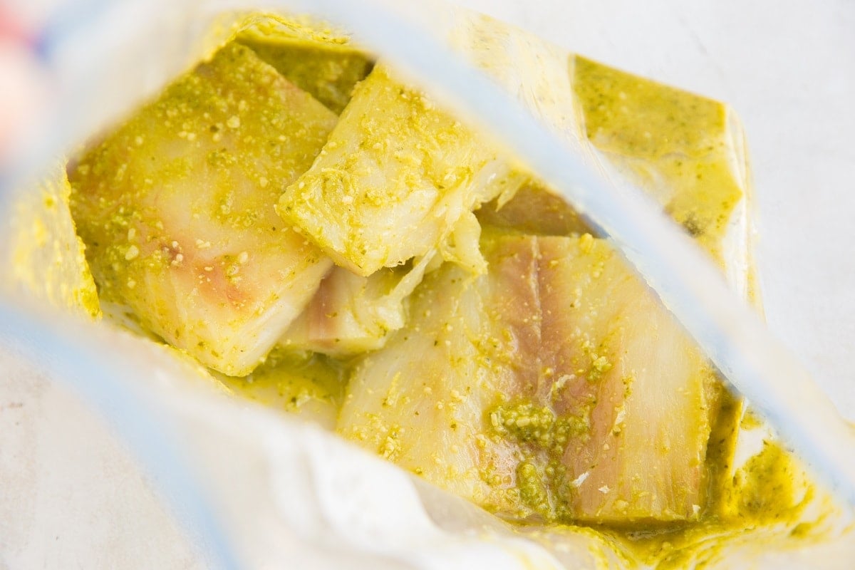 Move the cod around inside of the bag to coat it with pesto
