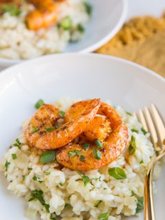 Creamy Lemon Garlic Risotto with seared shrimp. A nourishing, delicious fancy romantic dinner recipe!