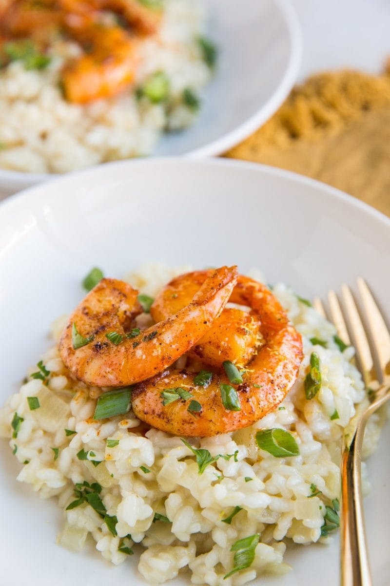 Creamy Lemon Garlic Risotto with seared shrimp. A nourishing, delicious fancy romantic dinner recipe!