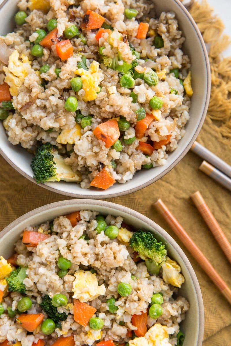 Healthy Fried Rice with vegetables - brown rice, broccoli, carrots, peas, and more!