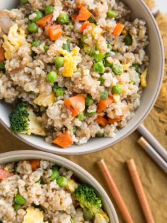 Vegetable Fried Rice with broccoli, bell pepper, peas, and carrots. a veggie-loaded rice experience