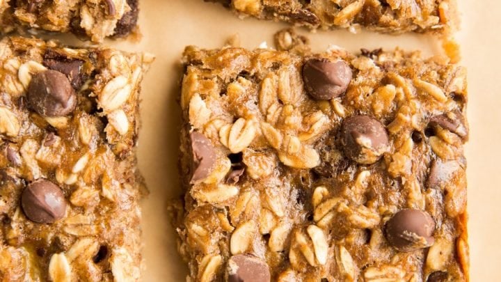Healthy breakfast bars on a sheet of parchment paper