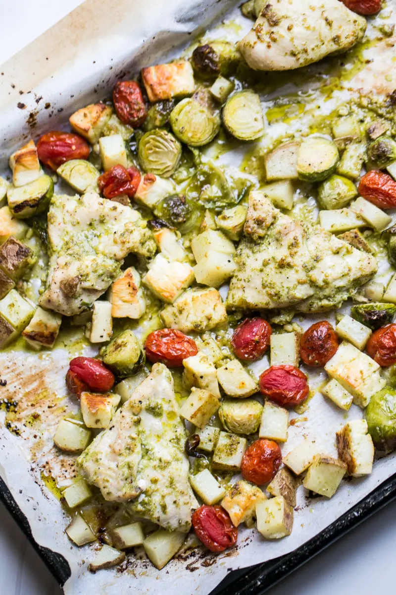Baked Pesto Chicken Sheet Pan Dinner with vegetables