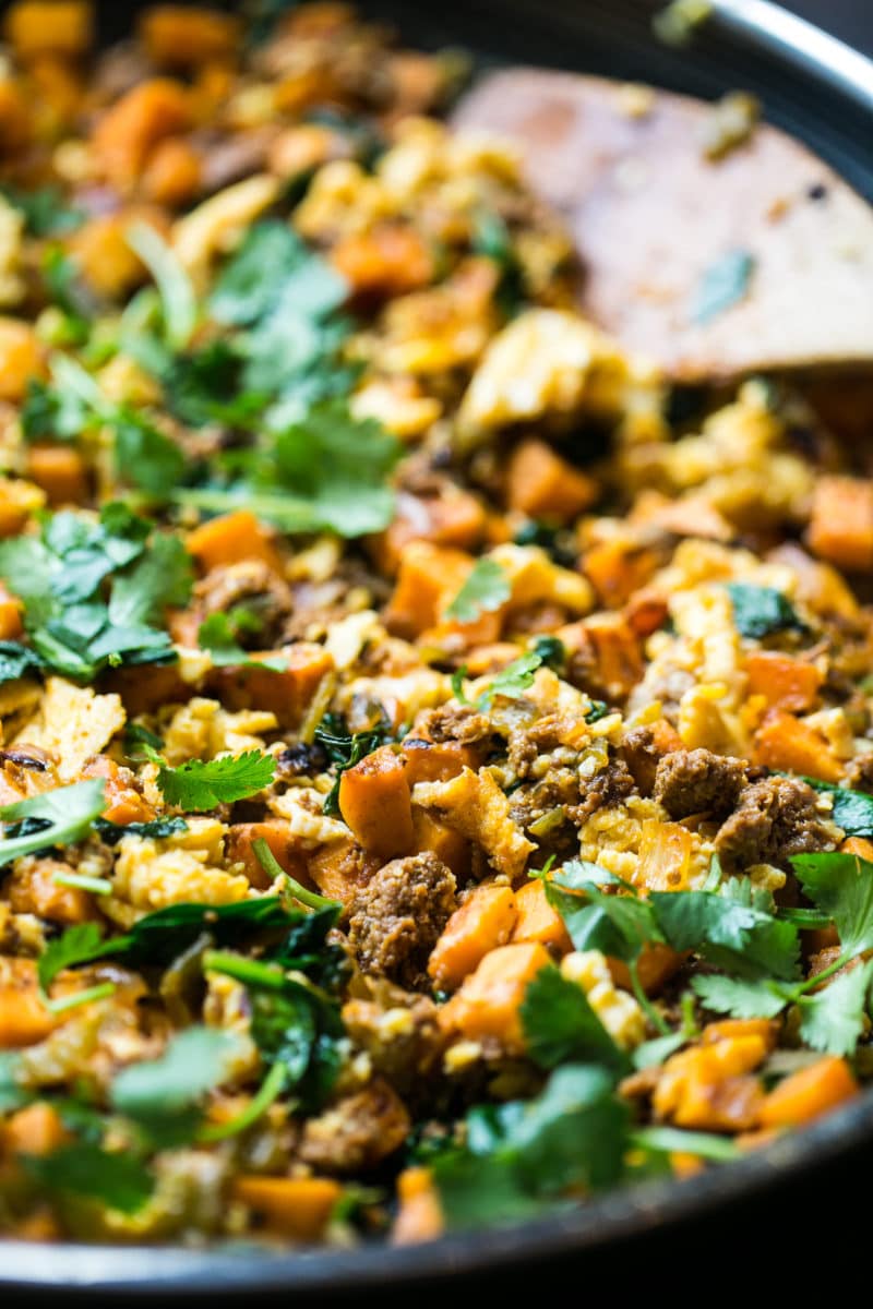 Close up image of sweet potato hash with turkey chorizo