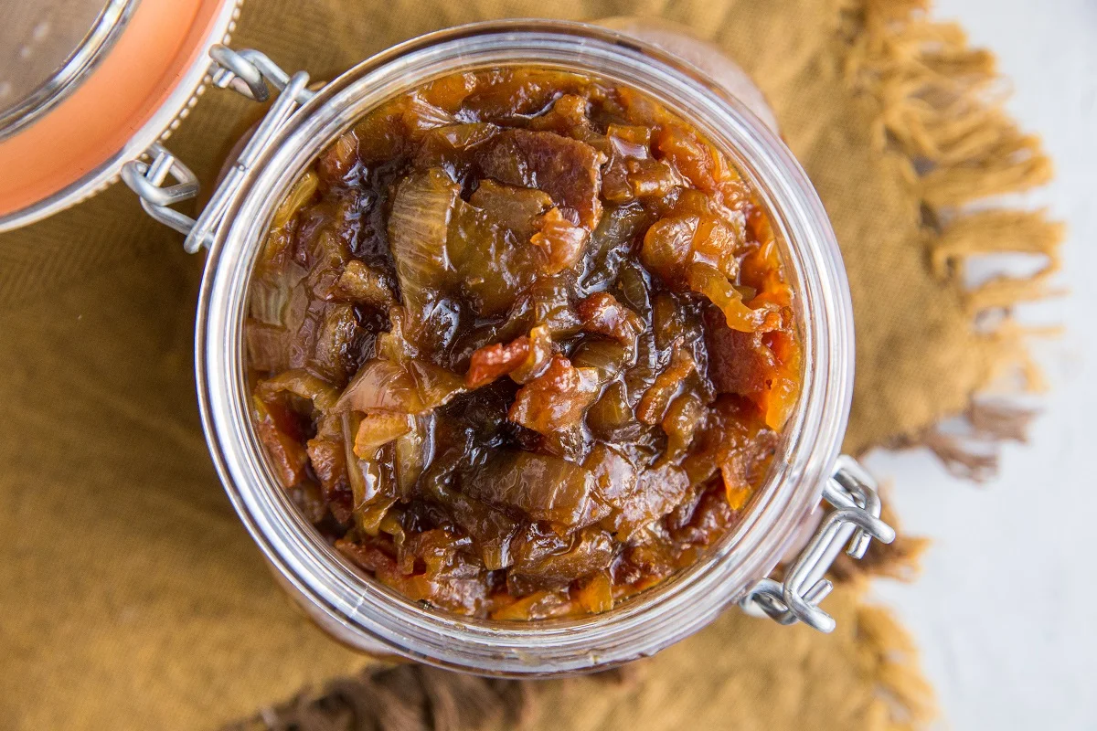 Jar of caramelized onions and bacon for bacon jam