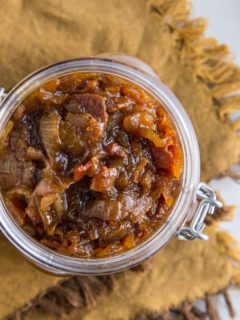 Top down photo of bacon jam in a mason jar