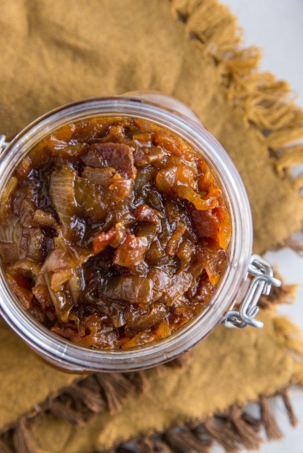 Top down photo of bacon jam in a mason jar
