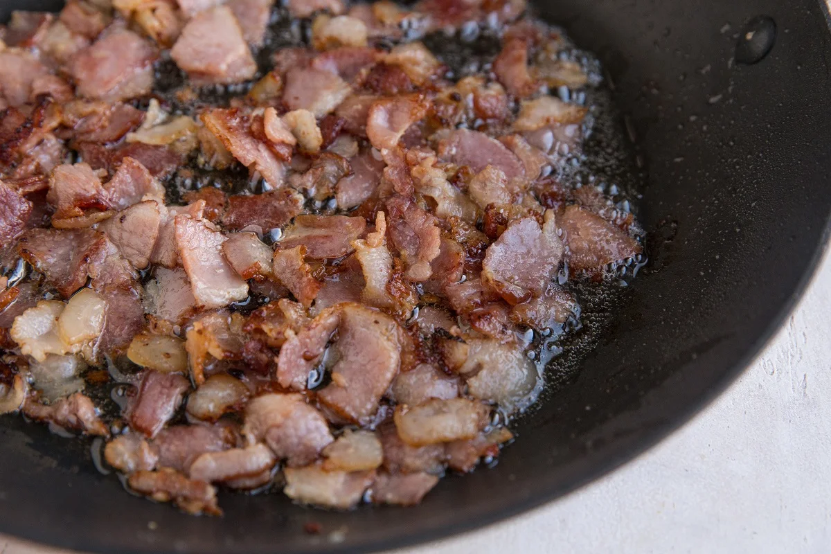 Chopped bacon cooking in a skillet