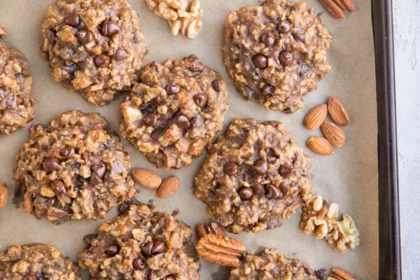 Finished healthy vegan cookies with banana on a baking sheet