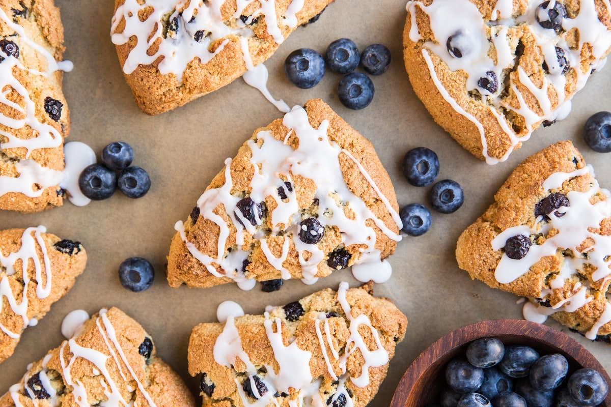 horizontal top down image of Almond Flour scones with blueberries