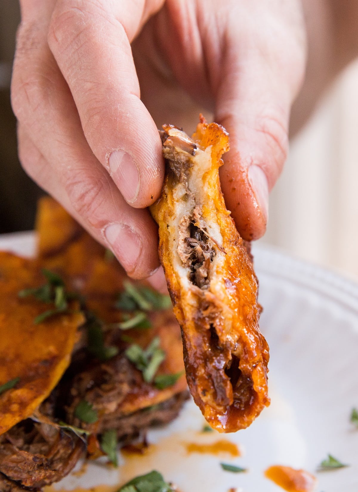 Hand holding a birria taco that has been dipped in sauce with a bite taken out