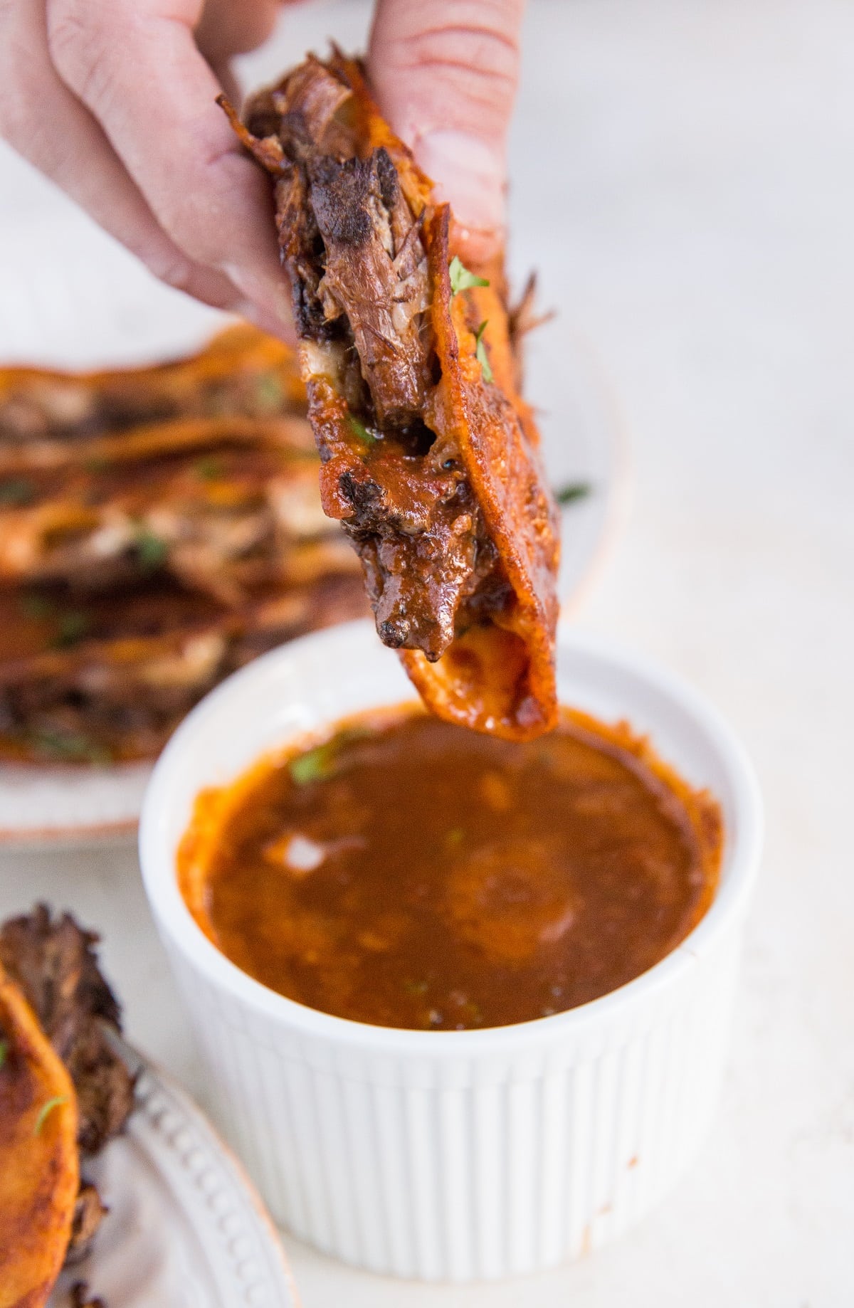 Hand holding a birria taco dipping it into consommé sauce.