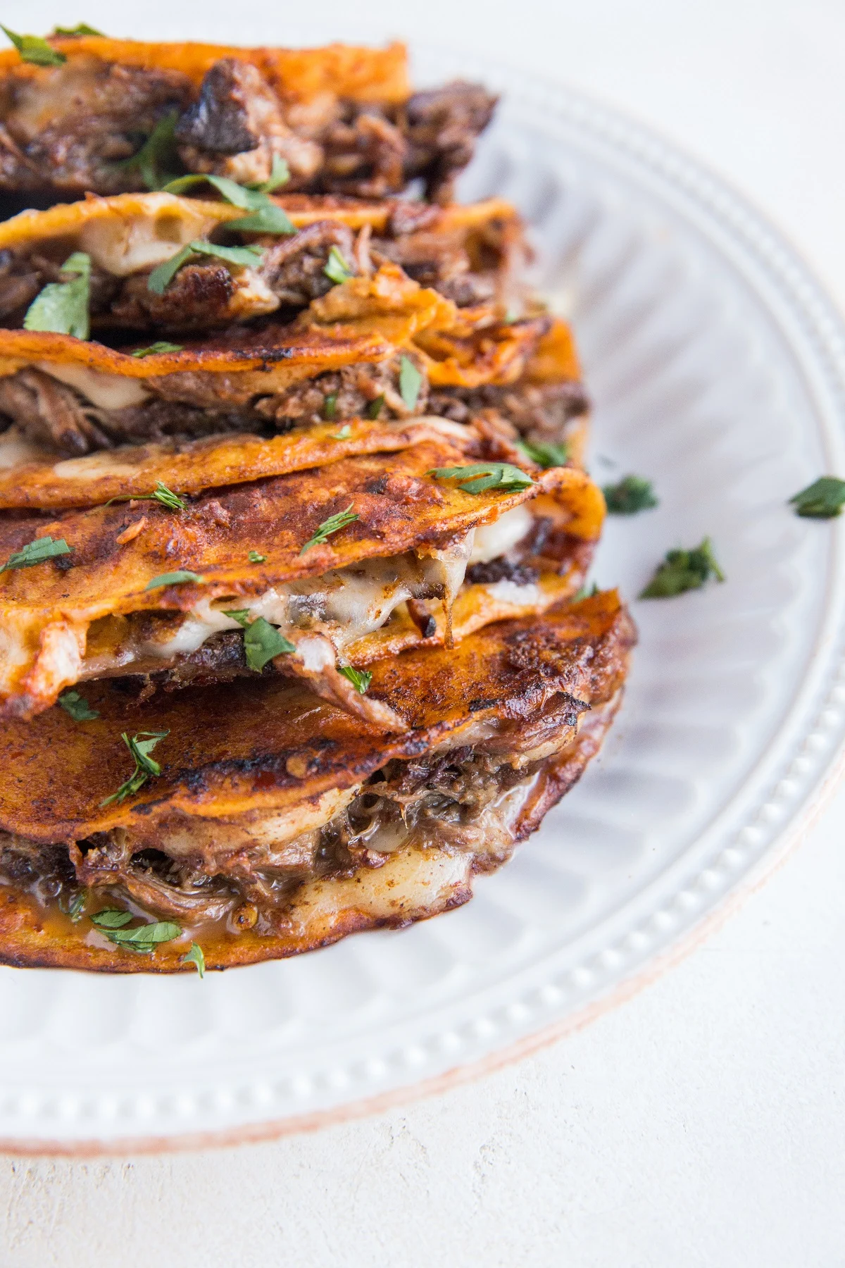 Stack of birria tacos on a white plate with a white background