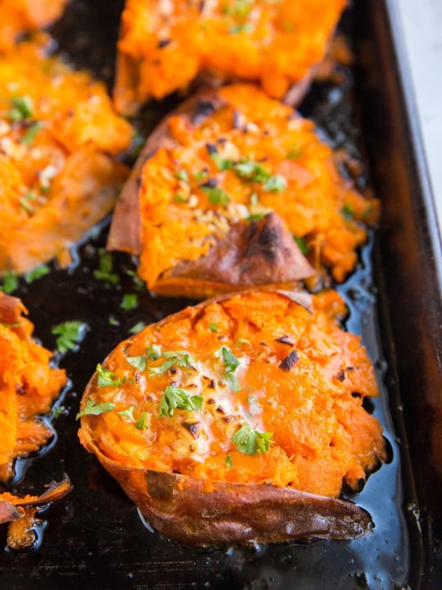 SMASHED SWEET POTATOES WITH GARLIC BUTTER AND HONEY STORY