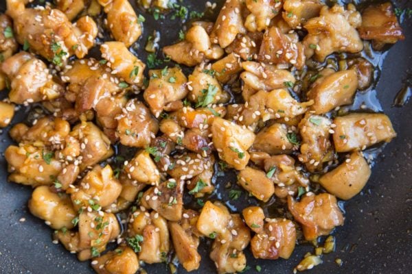 Finished honey garlic chicken in a skillet