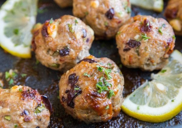 Mediterranean baked meatballs fresh out of the oven ready to serve