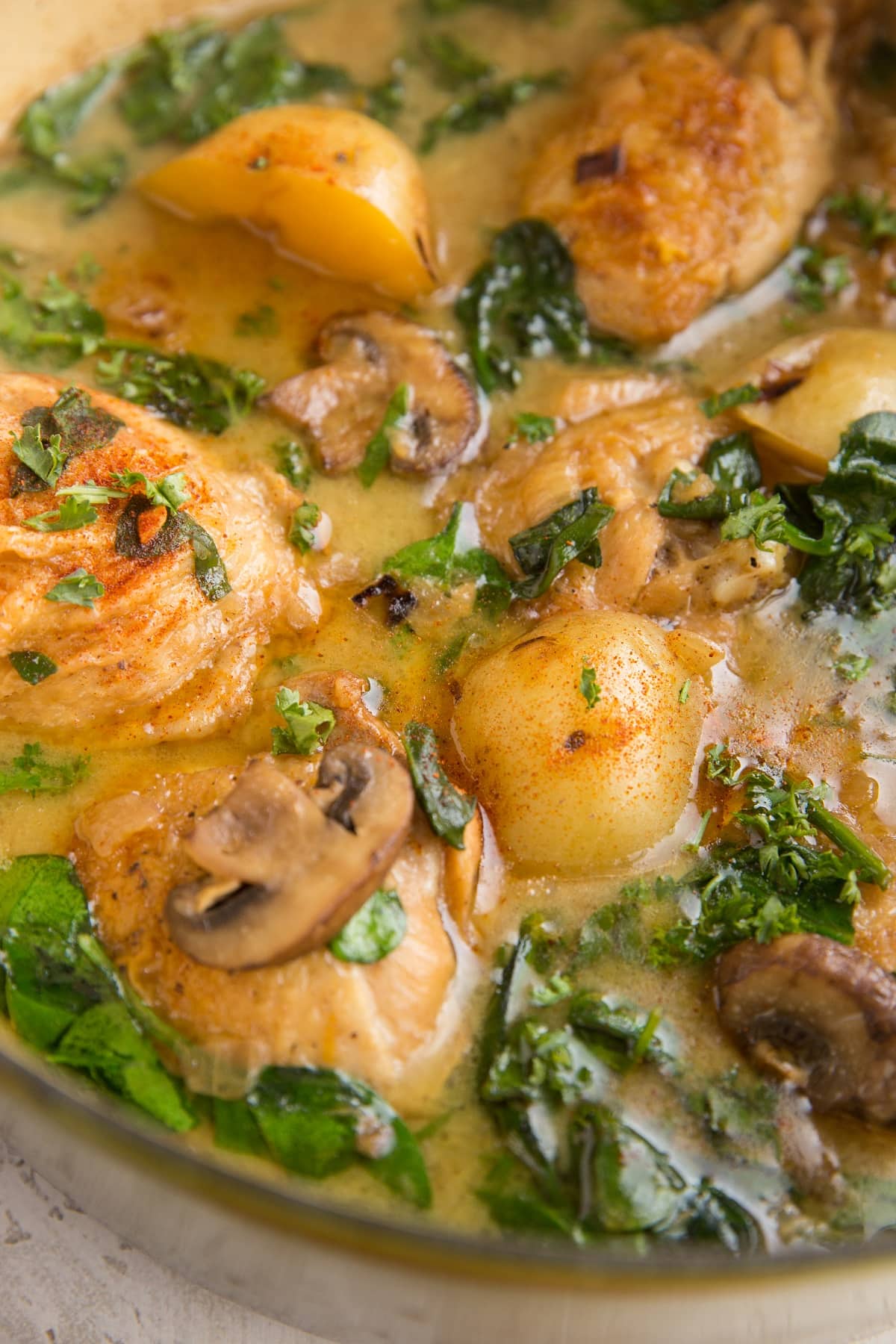 Close up on one-pot chicken and potatoes