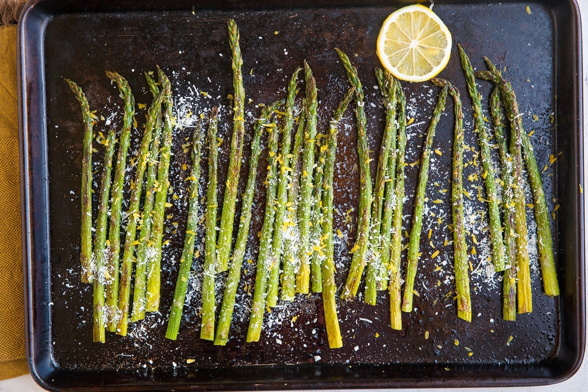 Asparagus with lemon zest and parmesan sprinkled on top