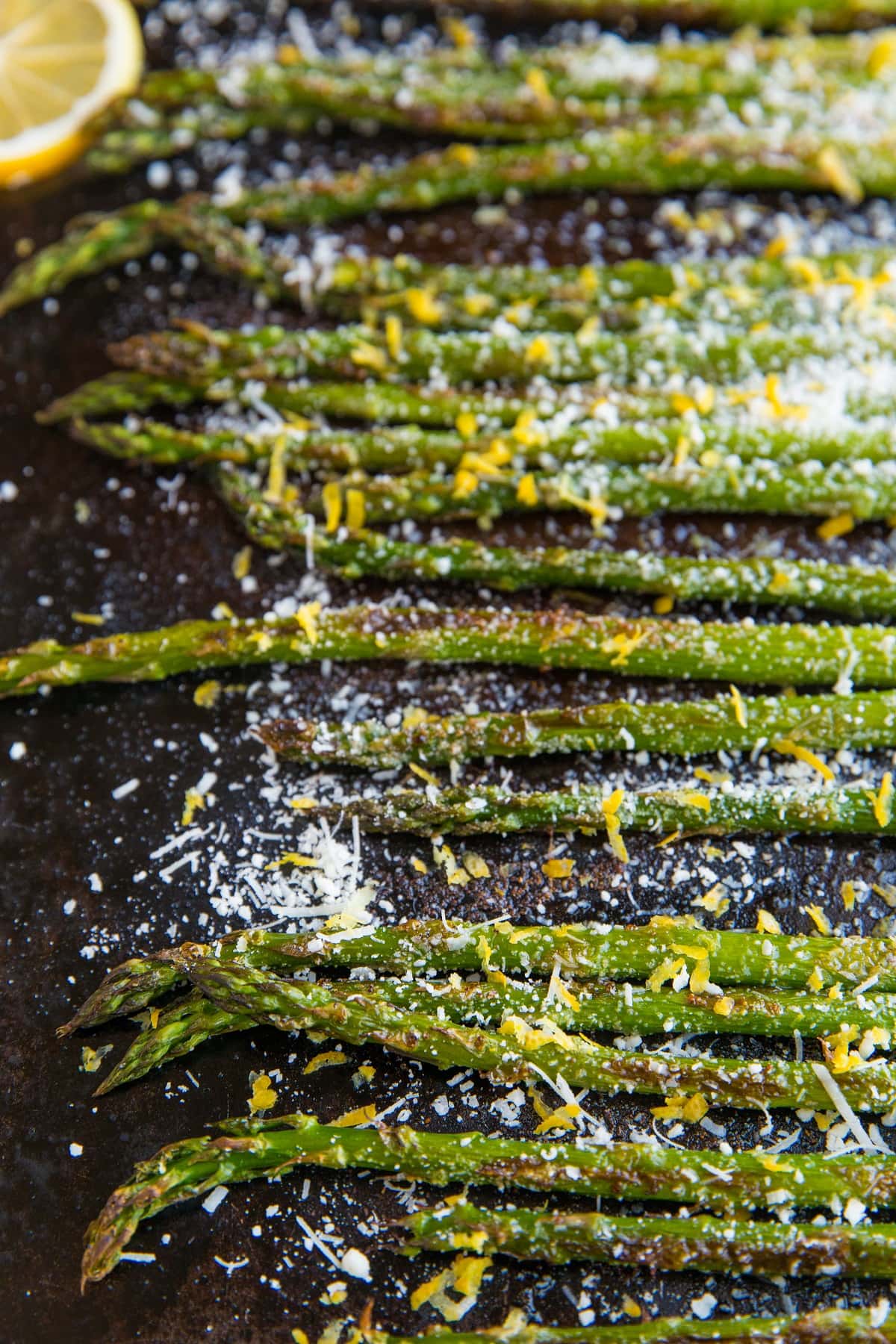 Baking sheet of roasted asparagus