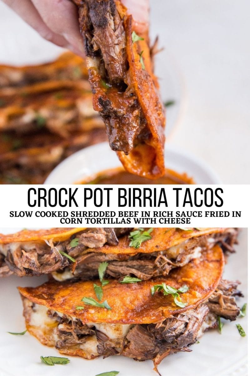 Crock Pot Birria Tacos, also known as quesabirria tacos, birria de res or birria quesatacos. Slow cooked meat in a rich chili sauce pan-fried in a corn tortilla with cheese, served with consommé sauce.