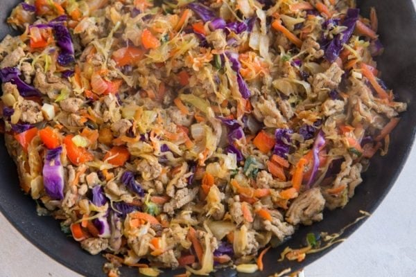 Finished Thai ground turkey and cabbage in a skillet