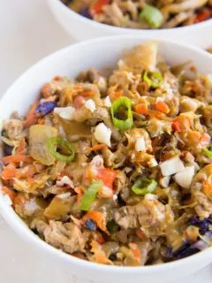 close up photo of ground turkey cabbage bowls with lots of veggies