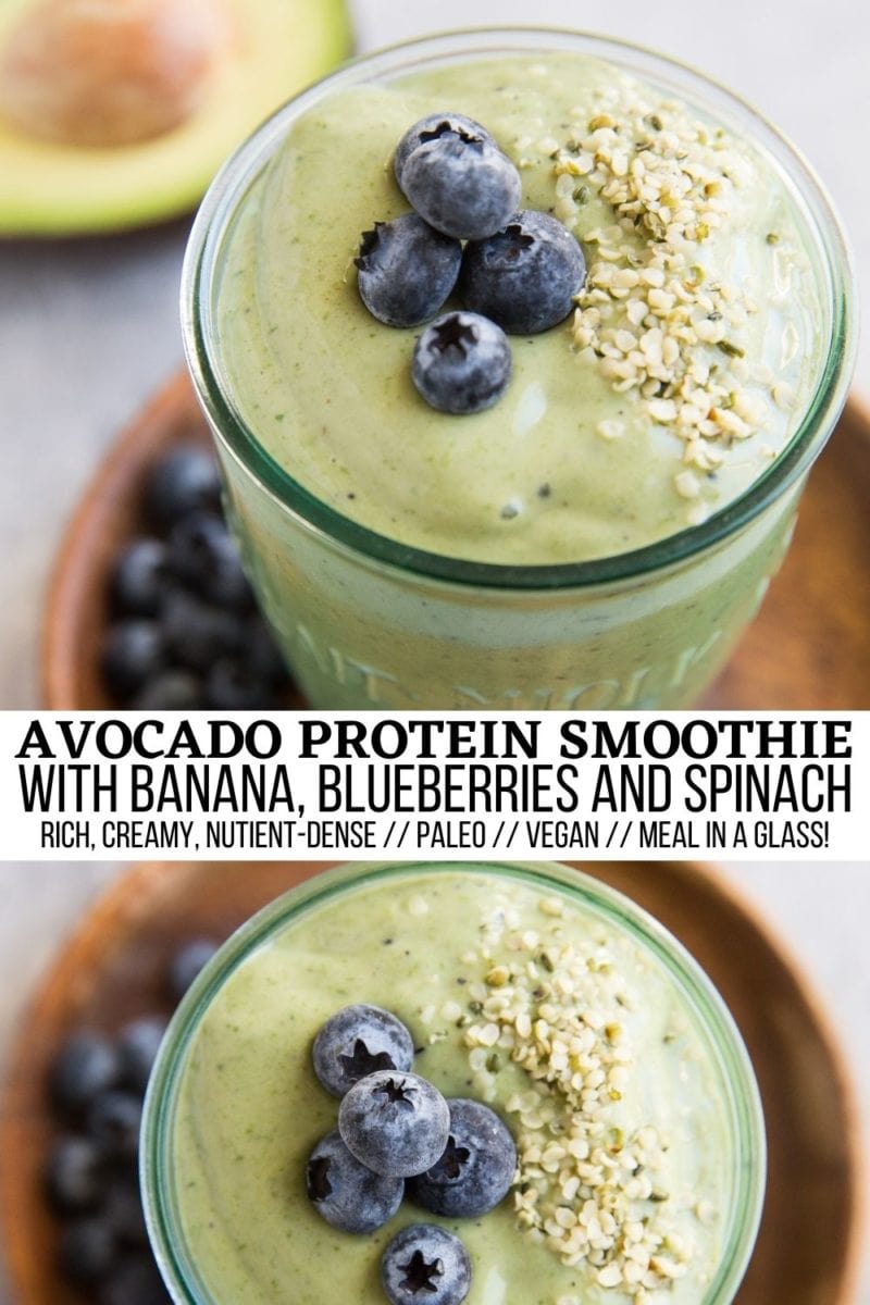 Avocado Protein Smoothie with banana, blueberries, spinach, and more! A healthy complete meal in a glass that is paleo and vegan