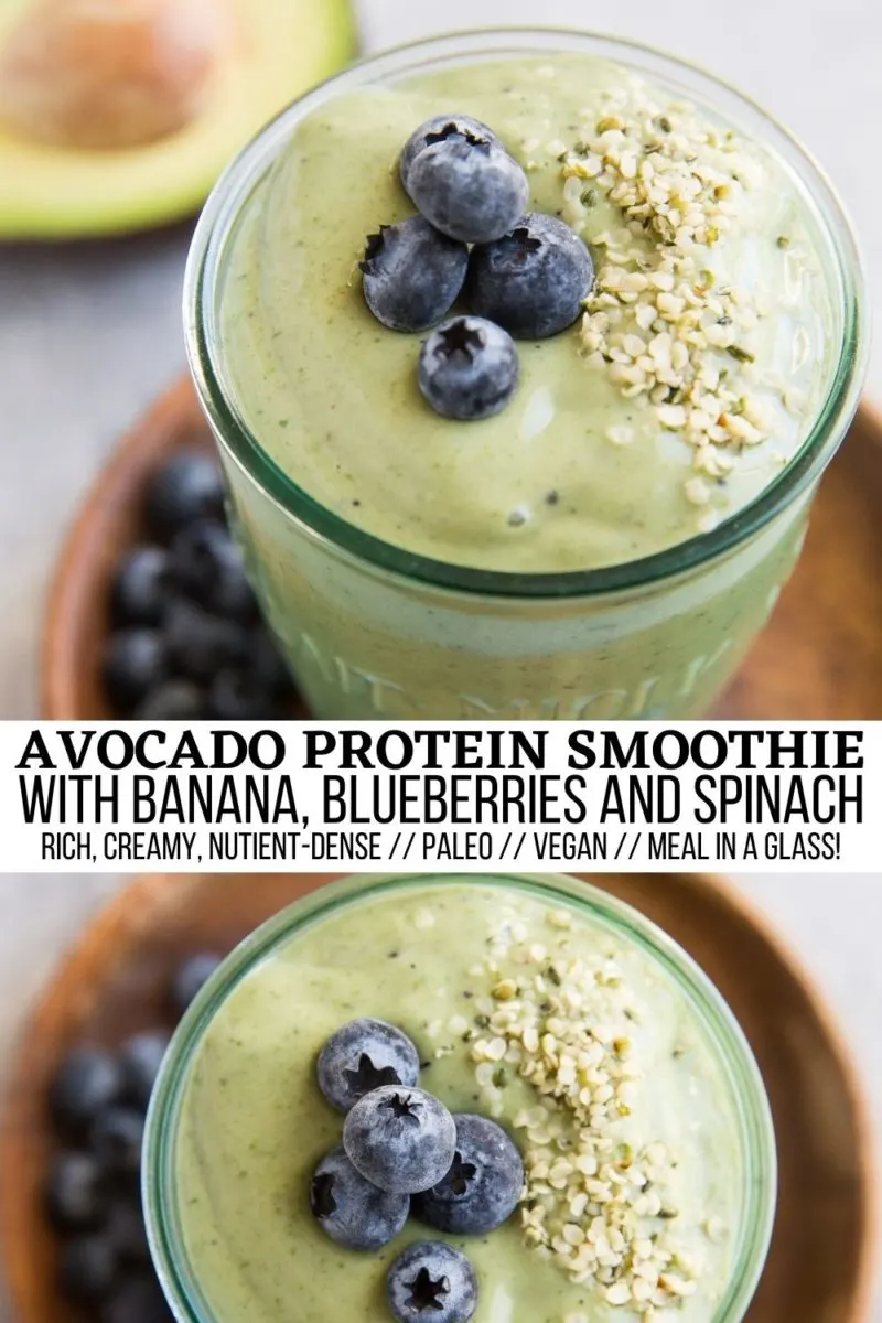 Avocado Protein Smoothie with banana, blueberries, spinach, and more! A healthy complete meal in a glass that is paleo and vegan