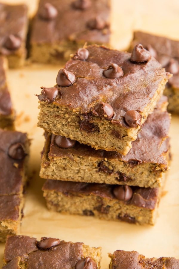 Stack of chickpea bars on parchment paper
