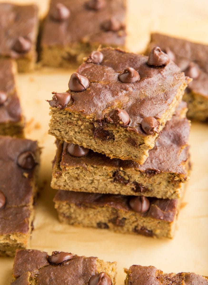 Stack of chickpea bars on parchment paper