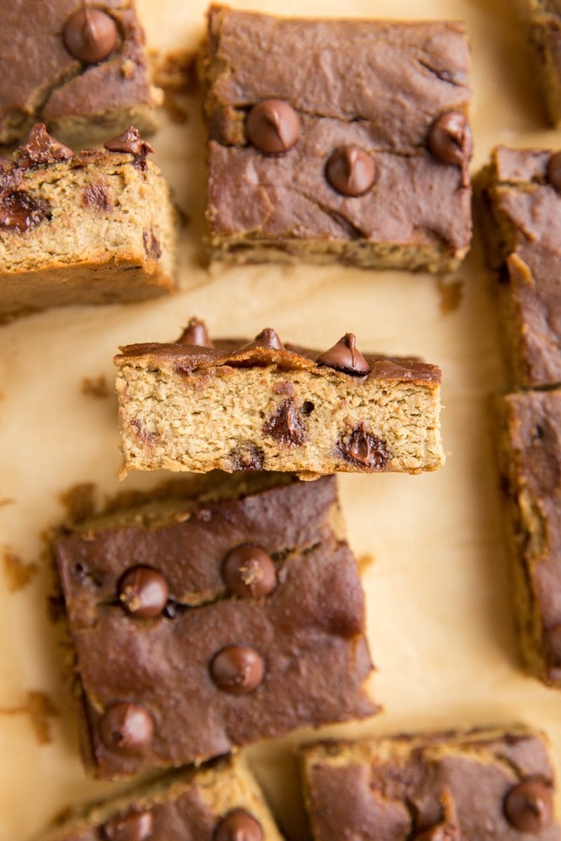 top down photo of chickpea bars on a sheet of parchment paper