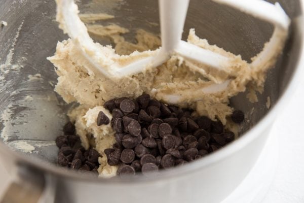 Cookie dough in a stand mixer with chocolate chips ready to be mixed in.