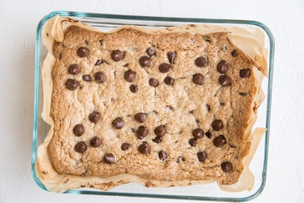 Cookie bars fresh out of the oven in a baking dish