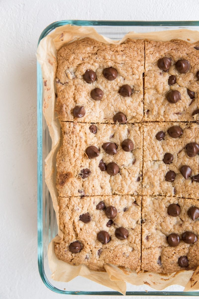 Gluten-Free Chocolate Chip Cookie Bars in a pyrex container