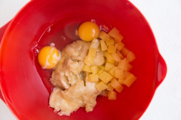 Wet ingredients in a mixing bowl