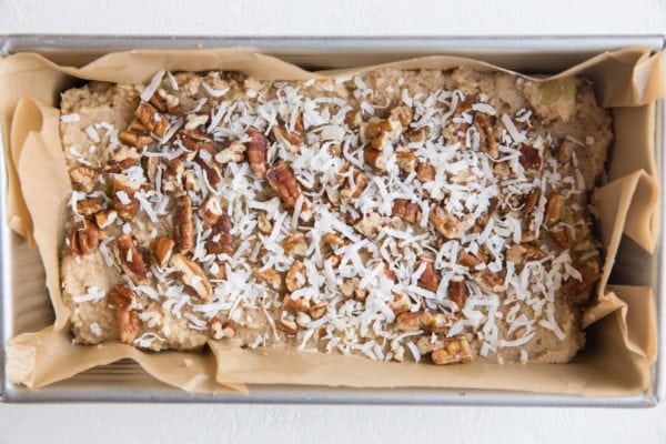 Hummingbird bread batter in a loaf pan