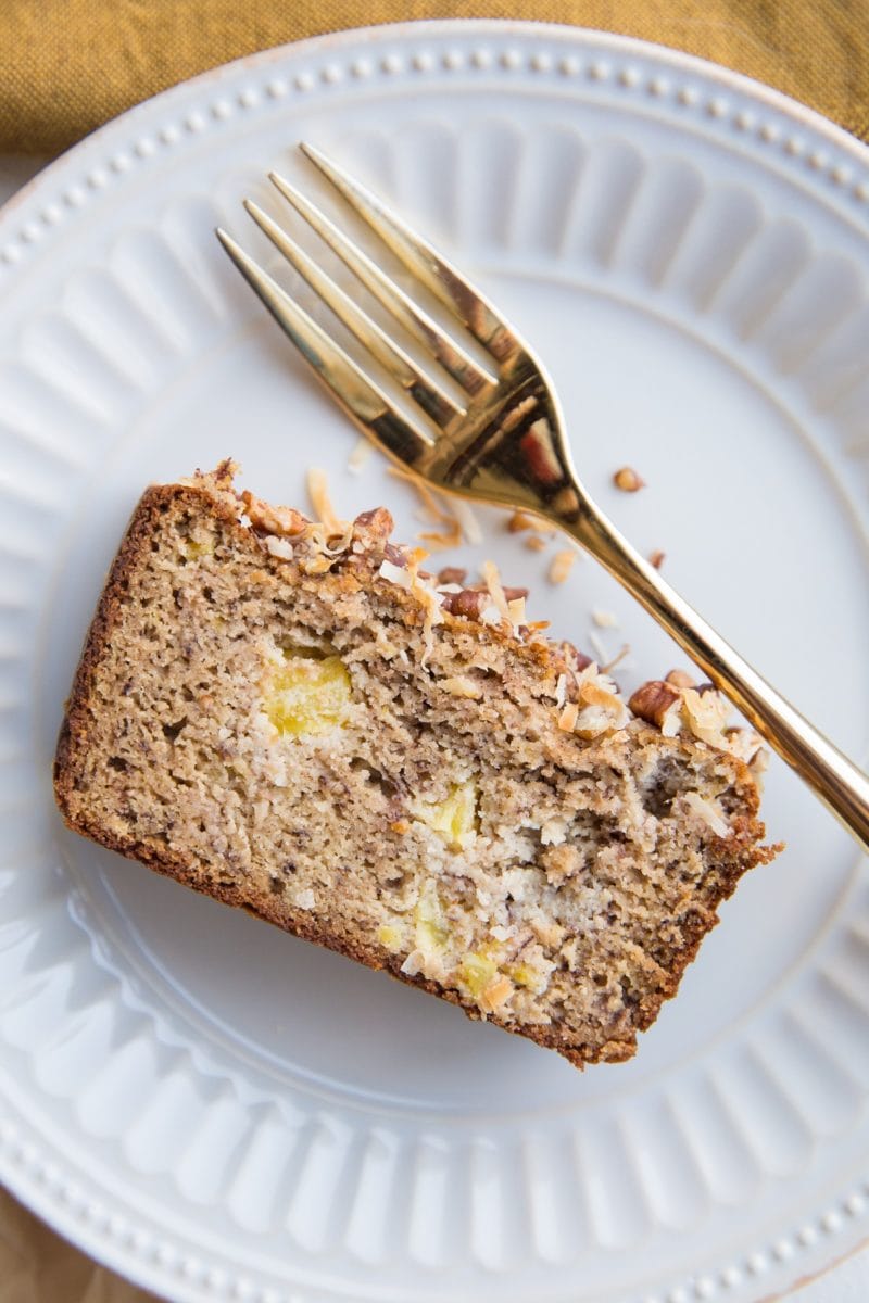 Close up image of slice of hummingbird bread on a plate